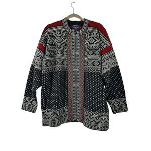 Vintage Devold Norway XXL Women's Wool Cardigan Sweater Red Black Hook Geometric